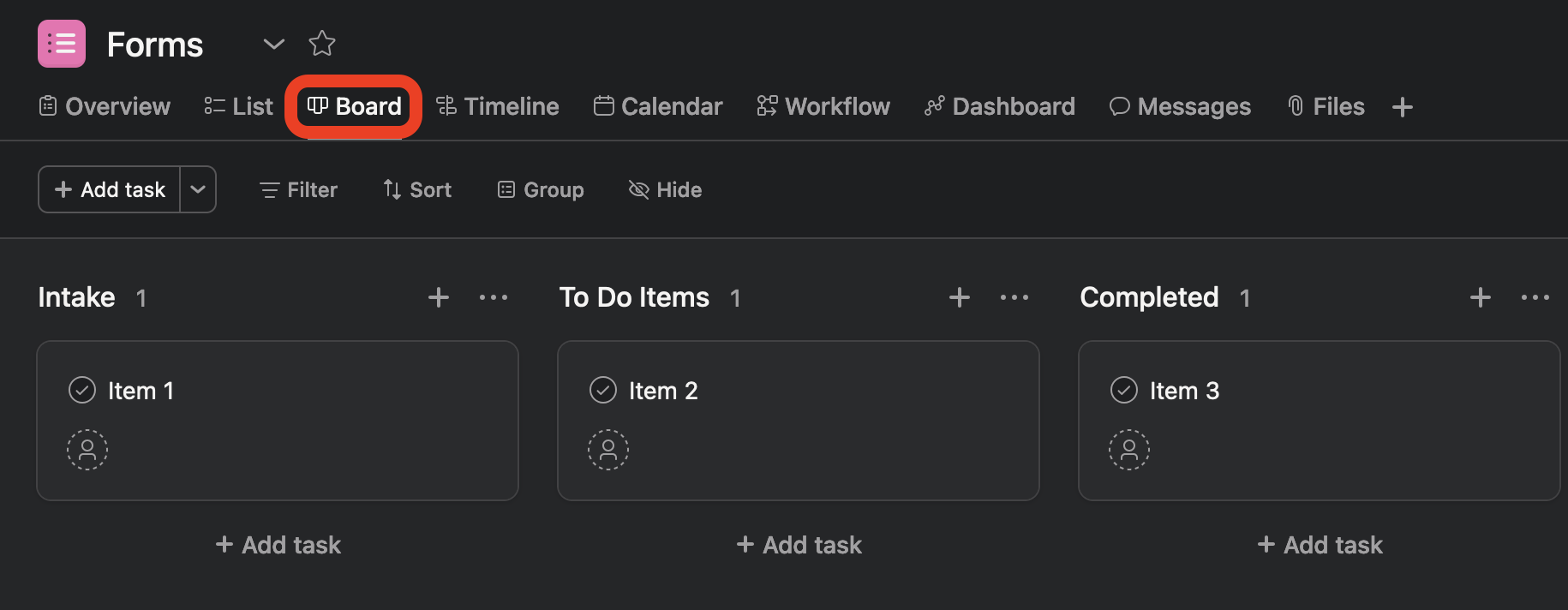 Asana Board View Highlighted