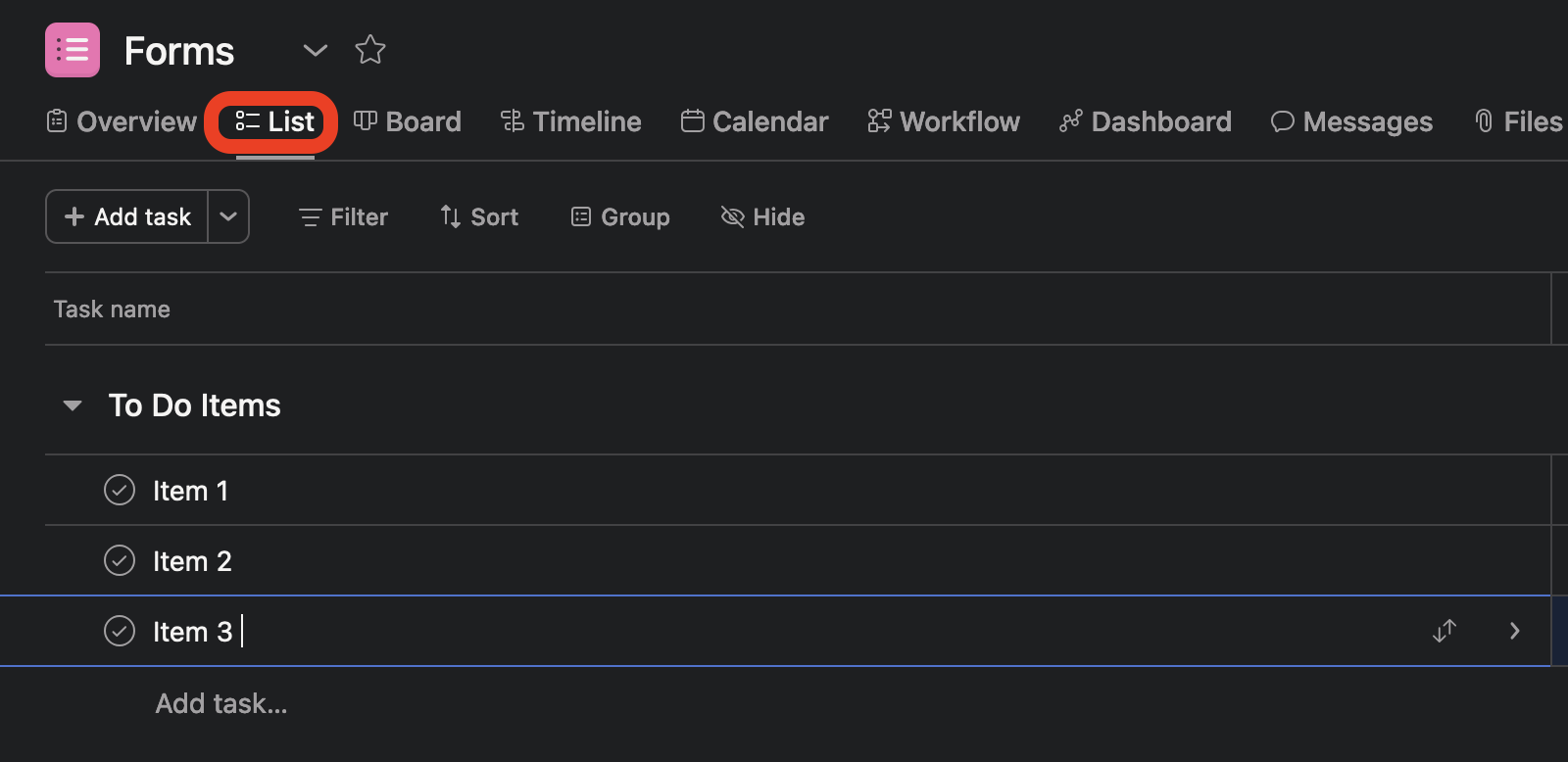 Asana List View Highlighted